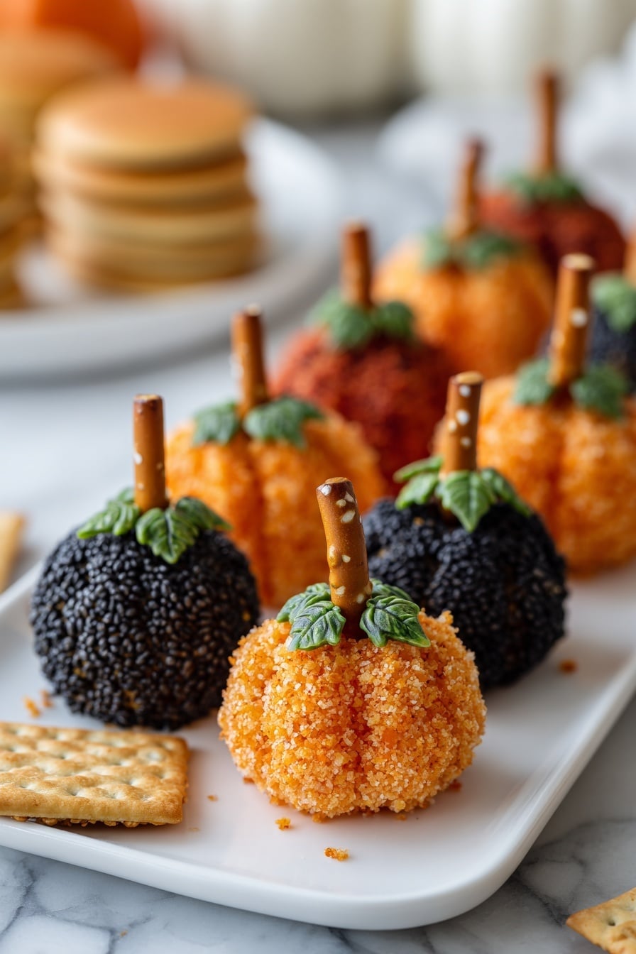 The image shows a white cake stand holding small pumpkin-shaped cheese balls. There are three types of cheese balls: some are coated with orange crumbs and decorated with small green herb leaves on top, each one having a pretzel stick in the center acting as a stem; others are coated with red spices and also have a pretzel stick stem; and the last group is covered in black and white sesame seeds, also topped with a pretzel stick and herb leaf. The cheese balls are arranged on the white cake stand in a mixed pattern. Below the stand, there are bunches of red grapes and various round and square crackers, all placed on a white marbled texture surface. Photo taken with an iphone --ar 2:3 --v 7 - Mini Pumpkin Cheese Balls, Pumpkin Cheese Balls, Festive Snack Ideas, Holiday Party Appetizers, Bite-sized Pumpkin Cheeses