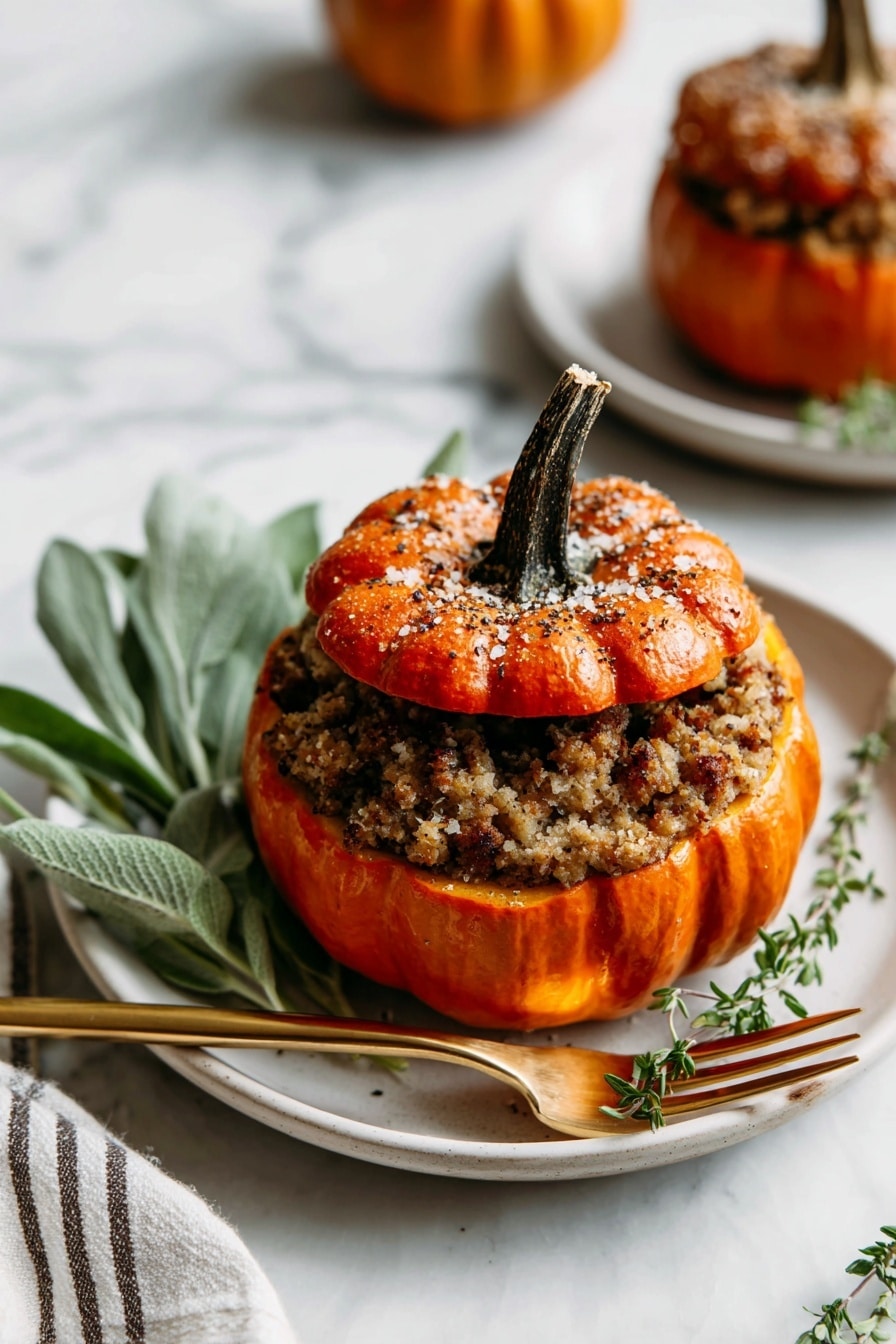 The image shows a small bright orange pumpkin stuffed with a crumbly and chunky brown filling that looks like a mix of cooked vegetables and grains. The pumpkin is topped with its own orange lid, which is slightly shiny and has a dark brown stem. The pumpkin is being lifted by a gold-colored spoon above a black pan filled with other similar stuffed pumpkins arranged in a circle. In the background, there is a white plate with another pumpkin and a woman's hand holding chopsticks, as well as a gray basket holding several bright orange pumpkins. The whole scene sits on a white marbled surface. photo taken with an iphone --ar 2:3 --v 7 - Stuffed Mini Pumpkins with Savory Ground Beef and Pumpkin Puree, mini pumpkin stuffed recipes, fall pumpkin dinner ideas, savory stuffed pumpkins, easy pumpkin stuffed vegetables