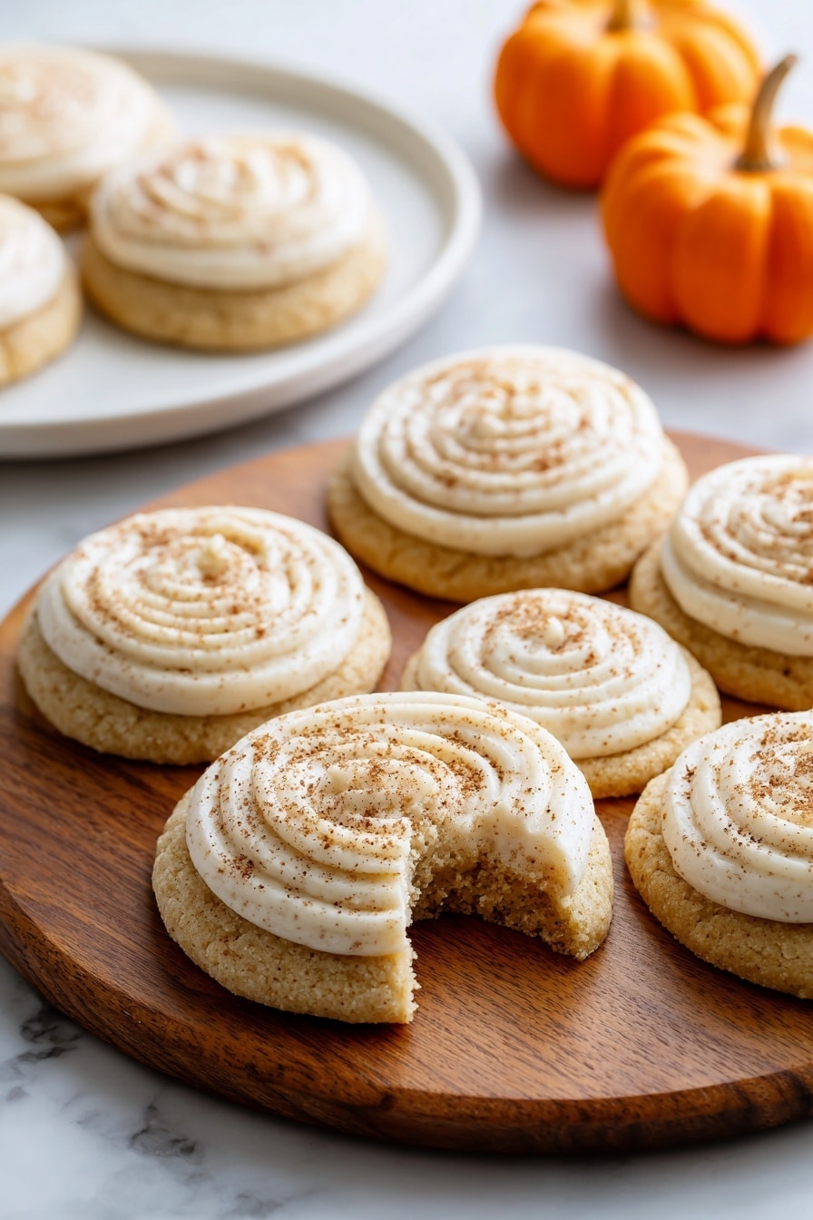 The image shows several round cookies arranged on a wooden board and a white plate. Each cookie has two layers: the bottom layer is a golden-brown cookie base with a slightly rough texture, and the top layer is a thick, light beige cream piped in a spiral shape with a dusting of brown powder on top. One cookie in the front has a bite taken out of it, revealing the soft inner texture. The background features a white marbled surface and two small orange decorative pumpkins. Photo taken with an iphone --ar 2:3 --v 7 - Soft Pumpkin Cookies with Cinnamon Frosting, pumpkin cookies, pumpkin spice cookies, fall dessert recipes, cinnamon frosting cookies