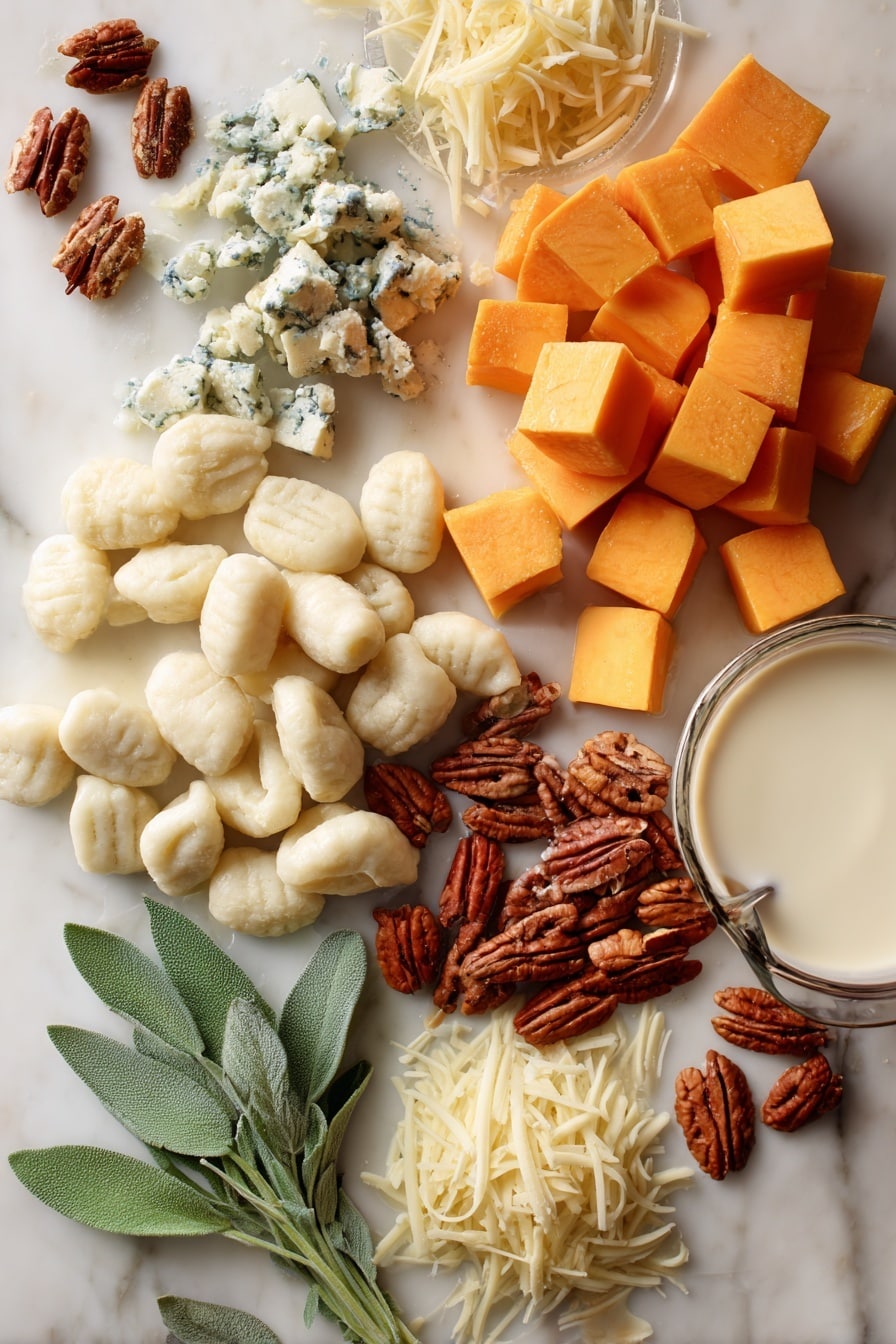 Flat lay of vibrant orange pumpkin cubes with smooth skin, soft white gnocchi dumplings nestled nearby, crumbled creamy blue cheese showing its marbled texture, glossy green sage leaves with delicate veins, scattered rich brown pecans with rugged surfaces, smooth white dairy cream in a gentle pour, shredded pale yellow mozzarella cheese strands catching light softly, all arranged naturally and invitingly in small clusters and gentle piles, placed on white marbled surface, photo taken with an iphone --ar 2:3 --v 7 - Pumpkin Gnocchi Bake with Blue Cheese, Pecan and Crispy Sage, pumpkin gnocchi bake, savory pumpkin casserole, fall-inspired gnocchi dish, blue cheese pecan bake