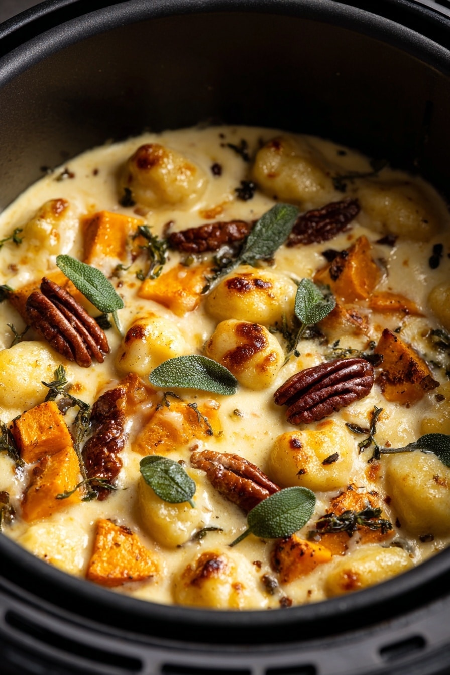 The image shows a dish inside a black air fryer basket filled with a creamy, golden baked casserole. The top layer has golden cheese with soft, light yellow gnocchi pieces scattered around. There are roasted orange squash chunks with a slightly caramelized surface spread evenly. Dark brown pecans add texture and color contrast, while fresh sage leaves with a deep green color are scattered on top, adding fresh detail. The creamy sauce layer beneath is smooth and visible between the gnocchi and squash. The light source highlights the glossy texture and rich colors, creating a warm and inviting look. Photo taken with an iphone --ar 2:3 --v 7 - Pumpkin Gnocchi Bake with Blue Cheese, Pecan and Crispy Sage, pumpkin gnocchi bake, savory pumpkin casserole, fall-inspired gnocchi dish, blue cheese pecan bake