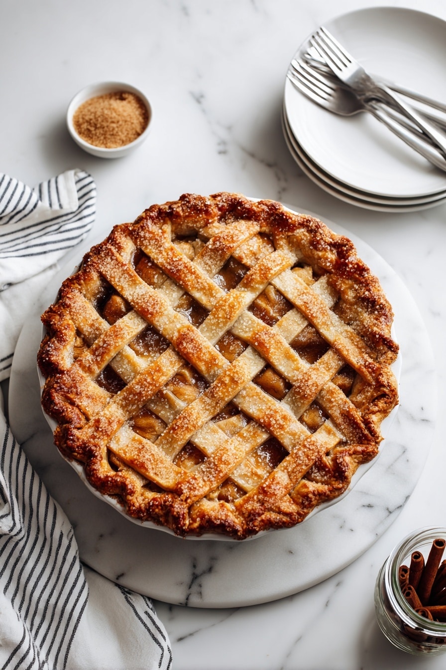 A slice of apple pie sits on a white plate with a silver fork beside it. The pie has a golden brown crust that looks crisp and flaky, with visible sugar crystals on top. Inside the crust, there are soft, baked apple pieces in a warm brown sauce. On top of the pie slice, there is a single scoop of white vanilla ice cream beginning to melt slightly, showing tiny vanilla bean specks. The background has a white marbled texture, and behind the plate, part of the rest of the pie on a white round tray is slightly out of focus. Photo taken with an iphone --ar 2:3 --v 7 - Apple Pie à la Mode, apple pie with ice cream, homemade apple pie recipe, easy apple pie dessert, classic apple pie with ice cream