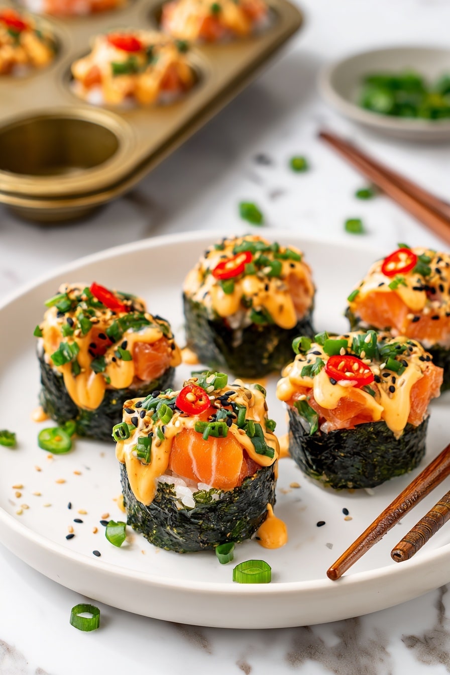 The image shows a piece of food held by brown chopsticks above a white plate, set on a white marbled surface. The food has three visible layers: the bottom layer is a dark green, crispy seaweed square; the middle layer is a light orange tofu or salmon piece with a soft texture; and the top layer is a bright orange sauce drizzled over the tofu, sprinkled with small white sesame seeds and chopped green onions. In the blurred background, several similar pieces are arranged on the white plate. Photo taken with an iphone --ar 2:3 --v 7 - Easy Baked Salmon Sushi Cups, salmon sushi cups, baked salmon sushi, sushi cups recipe, quick salmon appetizer