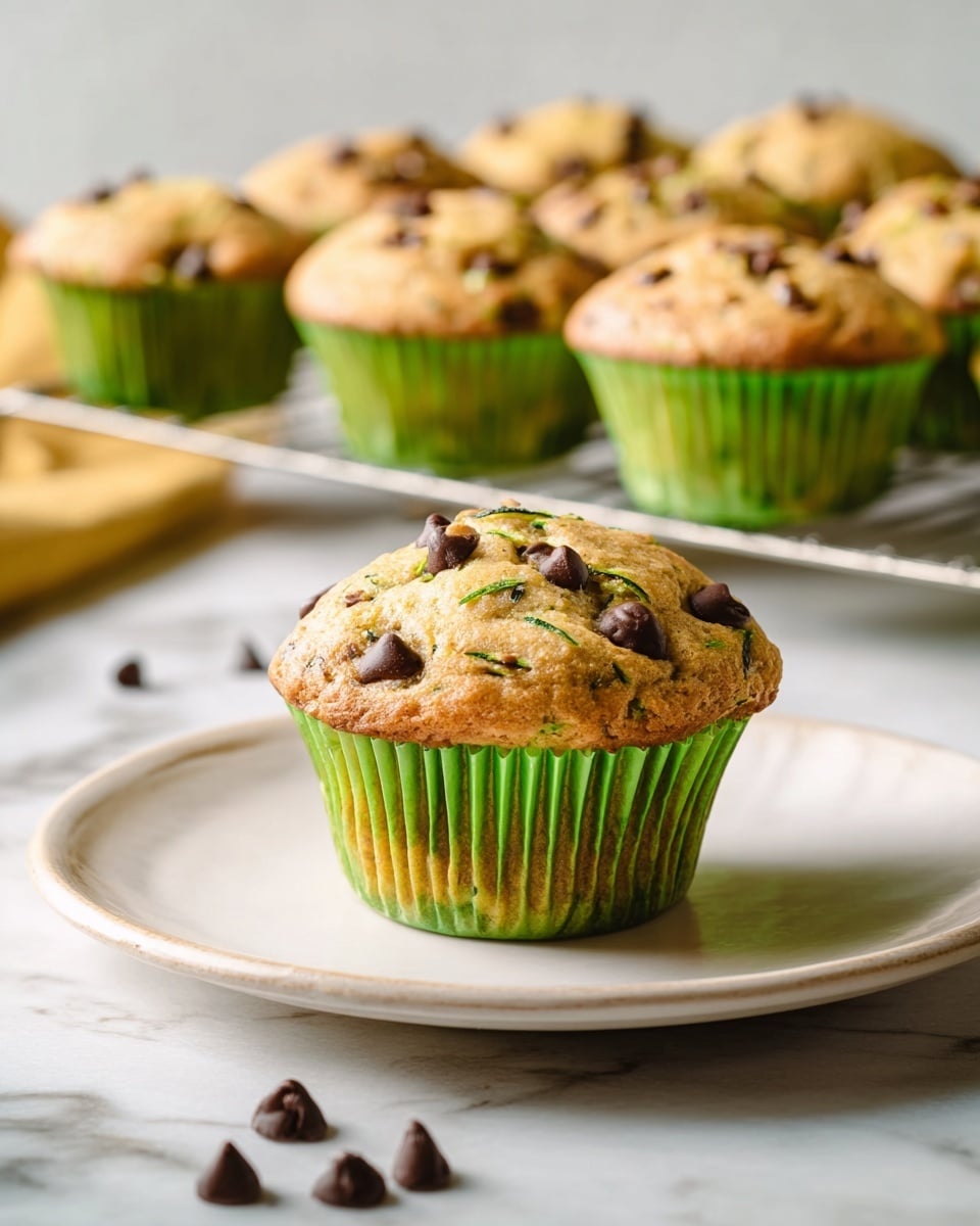 A single muffin sits on a white plate with a light brown rim, placed on a white marbled surface. The muffin has a golden-brown top studded with multiple dark chocolate chips and shows bits of green zucchini within the soft, textured cake. It is wrapped in a green paper liner with vertical ridges. In the background, more muffins in green liners are placed on a metal cooling rack, slightly blurred to keep the focus on the muffin in front. Photo taken with an iphone --ar 4:5 --v 7