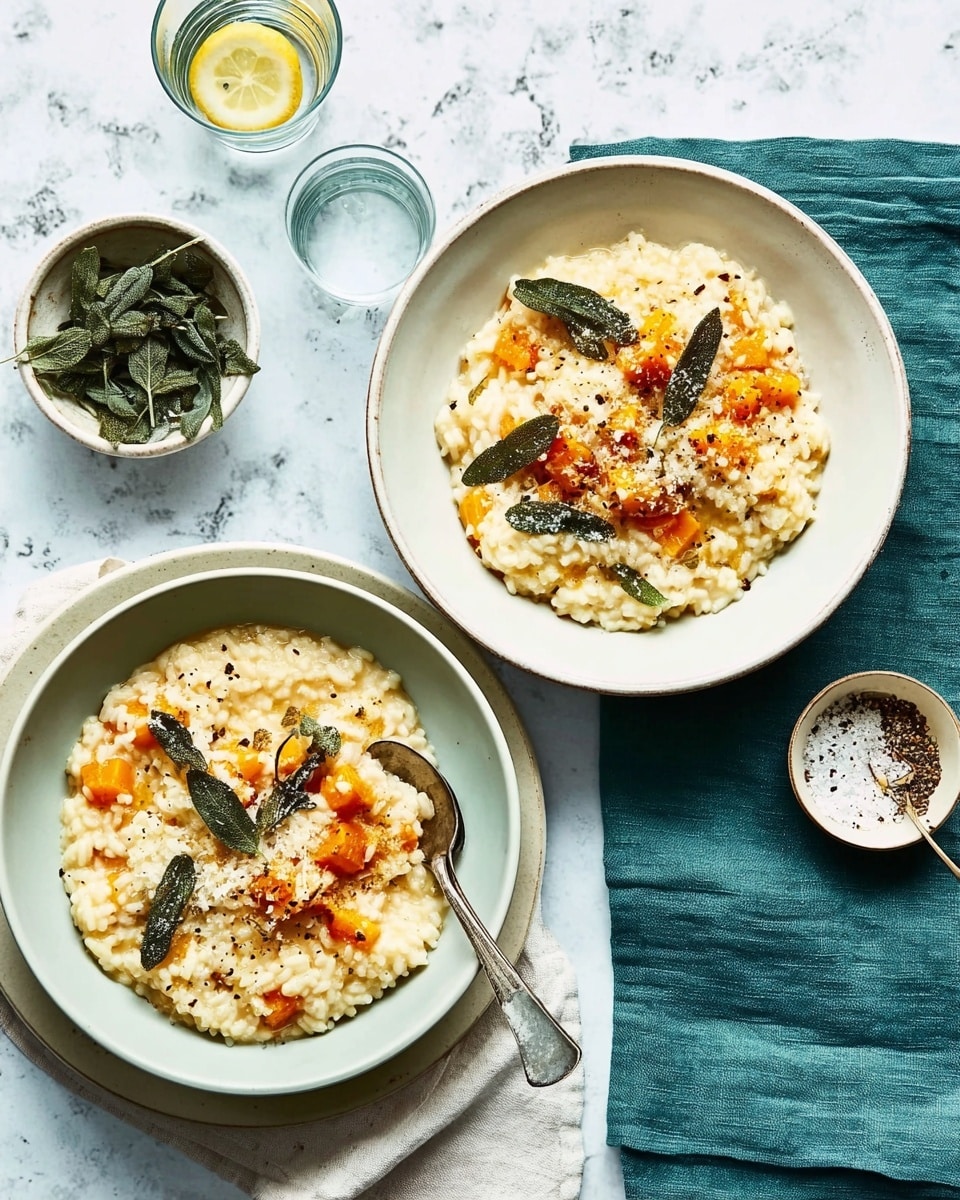 Two white bowls filled with creamy risotto are shown on a white marbled surface. Each bowl has a base layer of soft, pale yellow risotto mixed with small orange pieces, likely pumpkin or squash. On top, there are crispy dark green fried sage leaves scattered for garnish. One bowl sits on a white plate with a white napkin underneath, placed on a light teal cloth. The other bowl is on a dark teal cloth with a large silver spoon resting inside. Nearby, a small white bowl holds more fried sage leaves, and two small vessels contain a lemon slice in a glass of water and ground black pepper. photo taken with an iphone --ar 4:5 --v 7