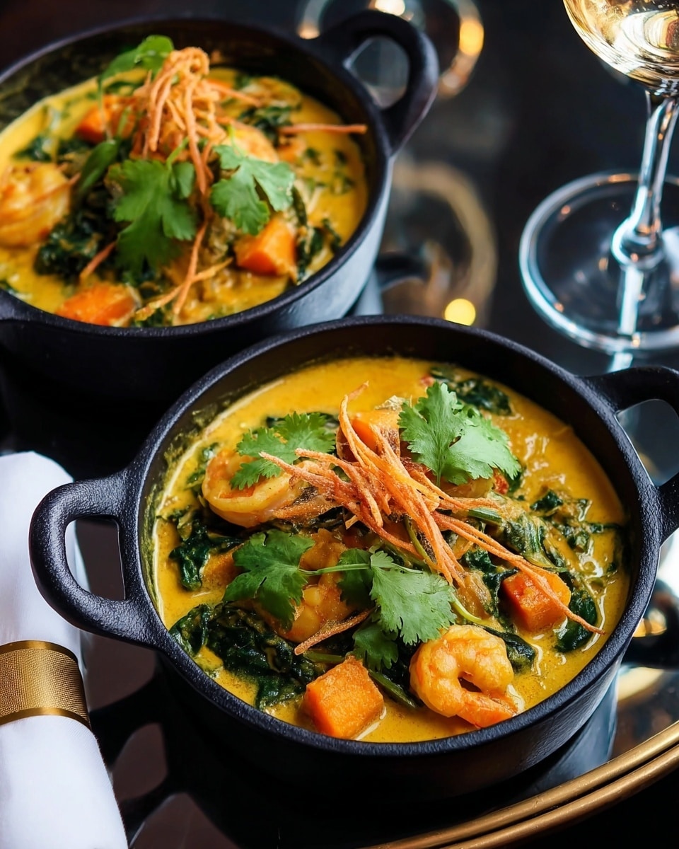 Two round black cast iron bowls filled with a thick yellow curry soup sit on a shiny black surface. Each bowl has large orange chunks of vegetables and pieces of shrimp in the yellow sauce. Dark green leafy vegetables are mixed in the soup. On top of each bowl is a small pile of thin, crispy light brown fried strips and a few fresh green cilantro leaves. A white knife with a gold handle is placed on the right side, and the bottom right corner of a glass with a long stem is visible above one bowl. photo taken with an iphone --ar 4:5 --v 7