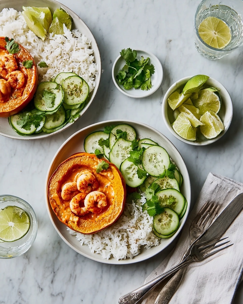 Two white bowls are placed on a white marbled surface, each bowl has three main parts: in the top left section, there is half a roasted orange squash cup filled with orange creamy sauce and topped with small pink shrimp sprinkled with black pepper; to the right of the squash, there is a mound of white rice with some fresh green cilantro leaves on top; below the rice, thinly sliced cucumber pieces are stacked and sprinkled with black pepper. On each bowl, two small lime wedges rest between the squash and rice. Around the bowls are small white bowls with lime wedges and sliced cucumbers, and two glasses of clear water with lemon slices. A white napkin with a fork and knife rests to the right side of the upper bowl, a woman's hand is holding the bottom left bowl. photo taken with an iphone --ar 4:5 --v 7