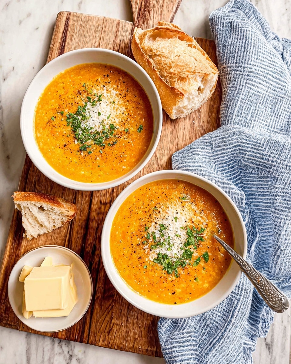 Two white bowls filled with a thick, bright orange soup are placed on a wooden cutting board. Each bowl has a topping of finely chopped green herbs and a sprinkle of black pepper, with a layer of grated white cheese on top. One bowl has a silver spoon with a simple pattern resting inside it. Next to the bowls, there are two pieces of torn crusty bread with a golden-brown crust. Nearby, on a small white dish, there are two rectangular sticks of pale yellow butter. A blue and white striped cloth is casually draped on the edge of the board, and the whole scene is set on a white marbled surface. photo taken with an iphone --ar 4:5 --v 7