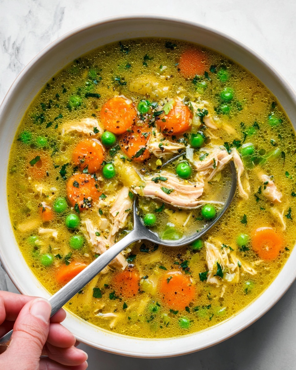 A white bowl filled with soup showing three main layers: a clear yellow broth base speckled with herbs and oil droplets, a middle layer of chunky bright orange carrot slices and green peas, and a top layer of shredded light yellow chicken pieces scattered evenly, all sprinkled with finely chopped green herbs and black pepper. A silver spoon with a detailed handle rests in the bowl, and the bowl is set on a white marbled surface with some green parsley leaves nearby. photo taken with an iphone --ar 4:5 --v 7