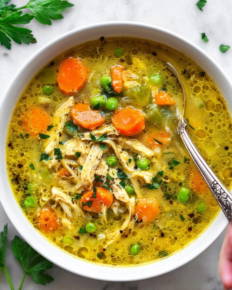 A close-up of a white bowl filled with clear chicken soup showing several layers: the bottom layer is light yellow broth, with a thin oily surface. Above this are visible soft orange carrot slices, bright green peas, and translucent pale-green celery pieces mixed with shredded light tan chicken. Small bits of chopped dark green herbs are sprinkled throughout, adding texture and color contrast. A silver spoon rests on the right side, partially submerged, with a woman's hand holding it gently. The bowl sits on a white marbled surface. Photo taken with an iphone --ar 4:5 --v 7