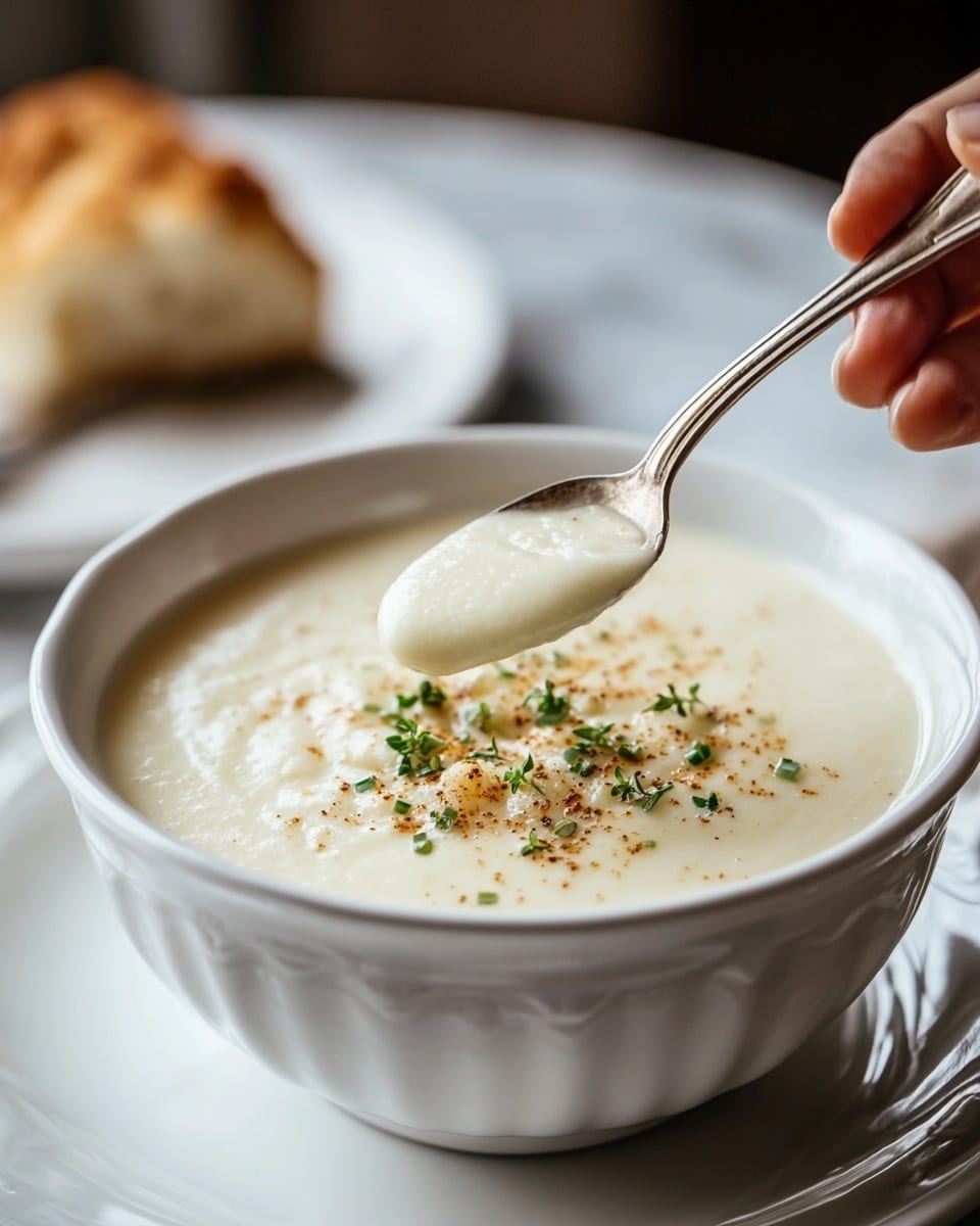 A close-up view of a white bowl filled with creamy beige soup, topped with small golden-brown toasted croutons scattered mainly at the center. On top of the croutons, there is a small pile of finely shredded white cheese. Tiny specks of black pepper and small green herb leaves are sprinkled over the soup surface, adding color contrast. The bowl sits on a white marbled surface with a folded cloth and some blurred bread slices in the background. photo taken with an iphone --ar 4:5 --v 7