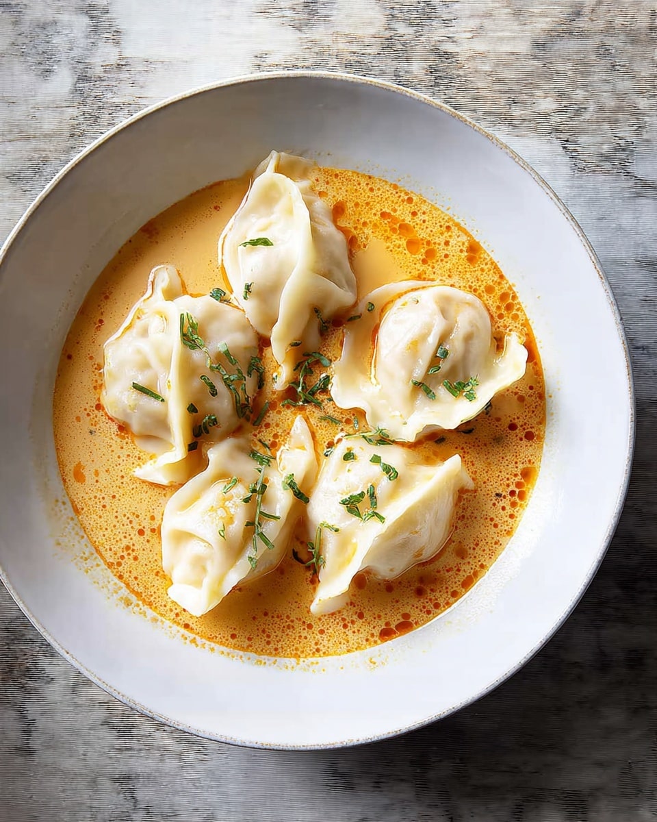 The image shows a white bowl filled with five white dumplings floating in an orange broth. Each dumpling has a smooth, slightly shiny surface with soft folds and is sprinkled with tiny green herbs on top. The broth looks creamy with a warm, light orange color, filling about half the bowl. The bowl rests on a white marbled surface. Photo taken with an iphone --ar 4:5 --v 7