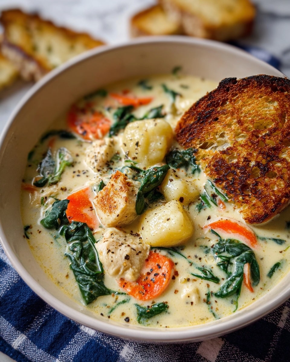 A white bowl filled with creamy soup that has visible layers of orange carrot slices, light yellow gnocchi pieces, chunks of white chicken, and dark green spinach leaves mixed throughout the thick light beige broth, topped with a sprinkle of black pepper. A large piece of golden brown toasted bread is resting inside the soup on the right side of the bowl. The bowl sits on a blue checkered cloth over a white marbled surface, with some lightly toasted bread slices blurred in the background. Photo taken with an iphone --ar 4:5 --v 7