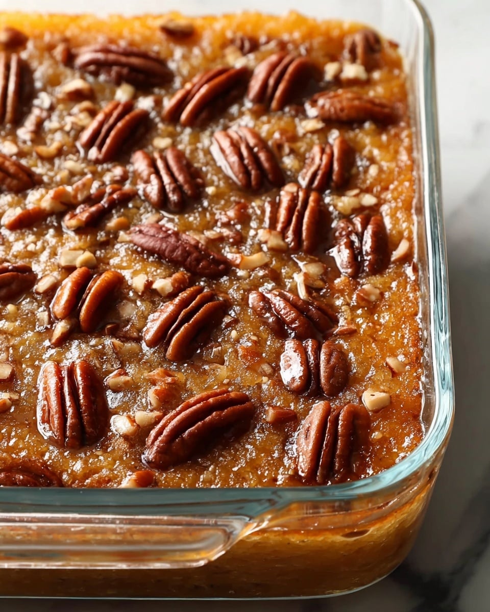 A square glass baking dish filled with a pecan pie that has a golden brown, sticky filling layer topped with whole pecans arranged closely across the surface. A silver fork held by a woman's hand lifts one piece, showing the dense, shiny filling beneath the nut layer and a light golden crust along the bottom edge. The dish sits on a white marbled surface. Photo taken with an iphone --ar 4:5 --v 7