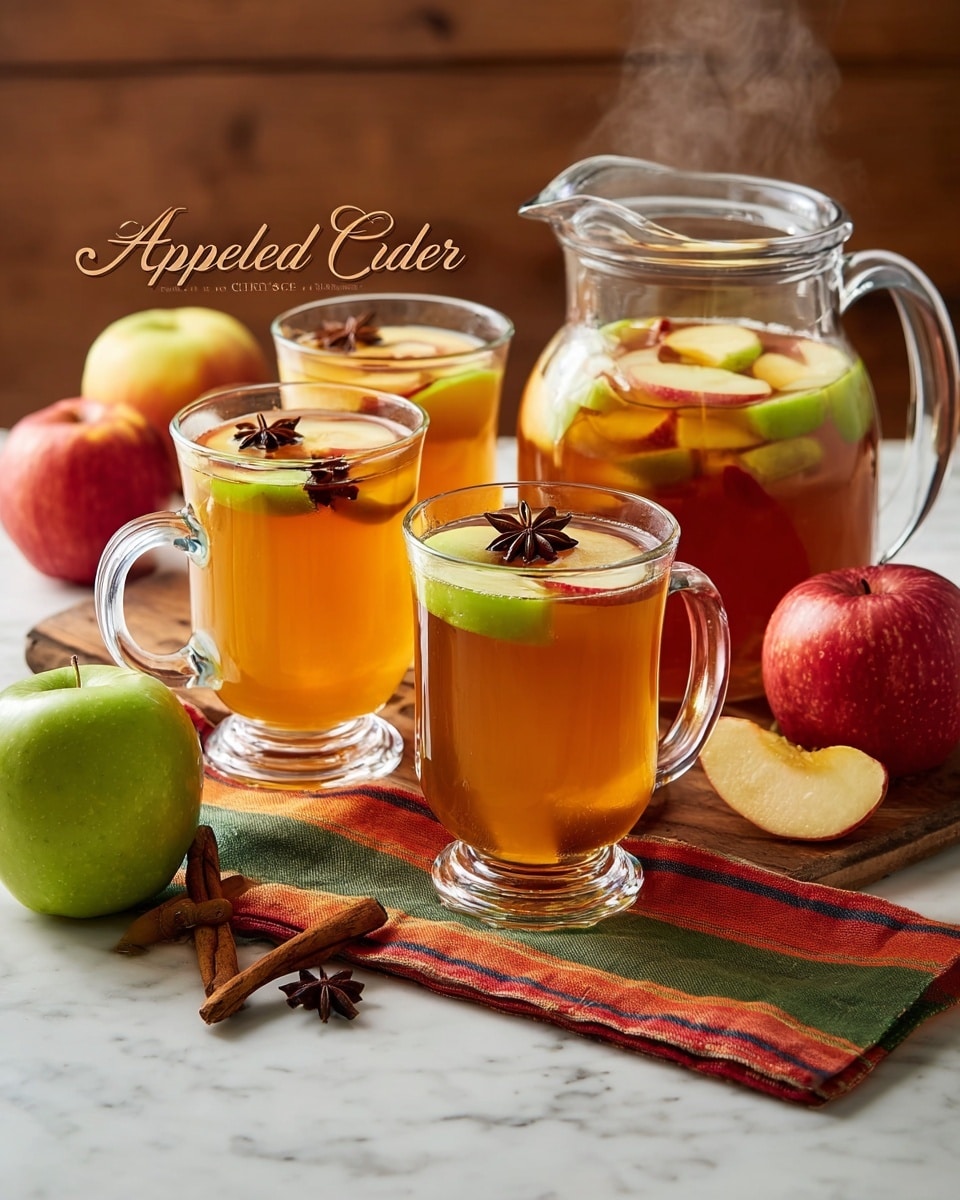 The image shows a clear glass pitcher filled with light brown apple cider, with lemon and apple slices floating on top, creating the first layer. In front of the pitcher, there are three clear glass mugs filled with steaming apple cider, each cup showing similar slices of apple and star anise floating on the surface, adding texture and color contrast. The mugs are arranged on a rustic wooden table, scattered with cinnamon sticks and star anise, adding warm brown tones and shapes to the scene. A folded, colorful plaid cloth is placed on the right side of the table, introducing hints of green, orange, and red. The background is softly blurred with apples and a kitchen setting, and the surface is changed to a white marbled texture. The photo taken with an iphone --ar 4:5 --v 7