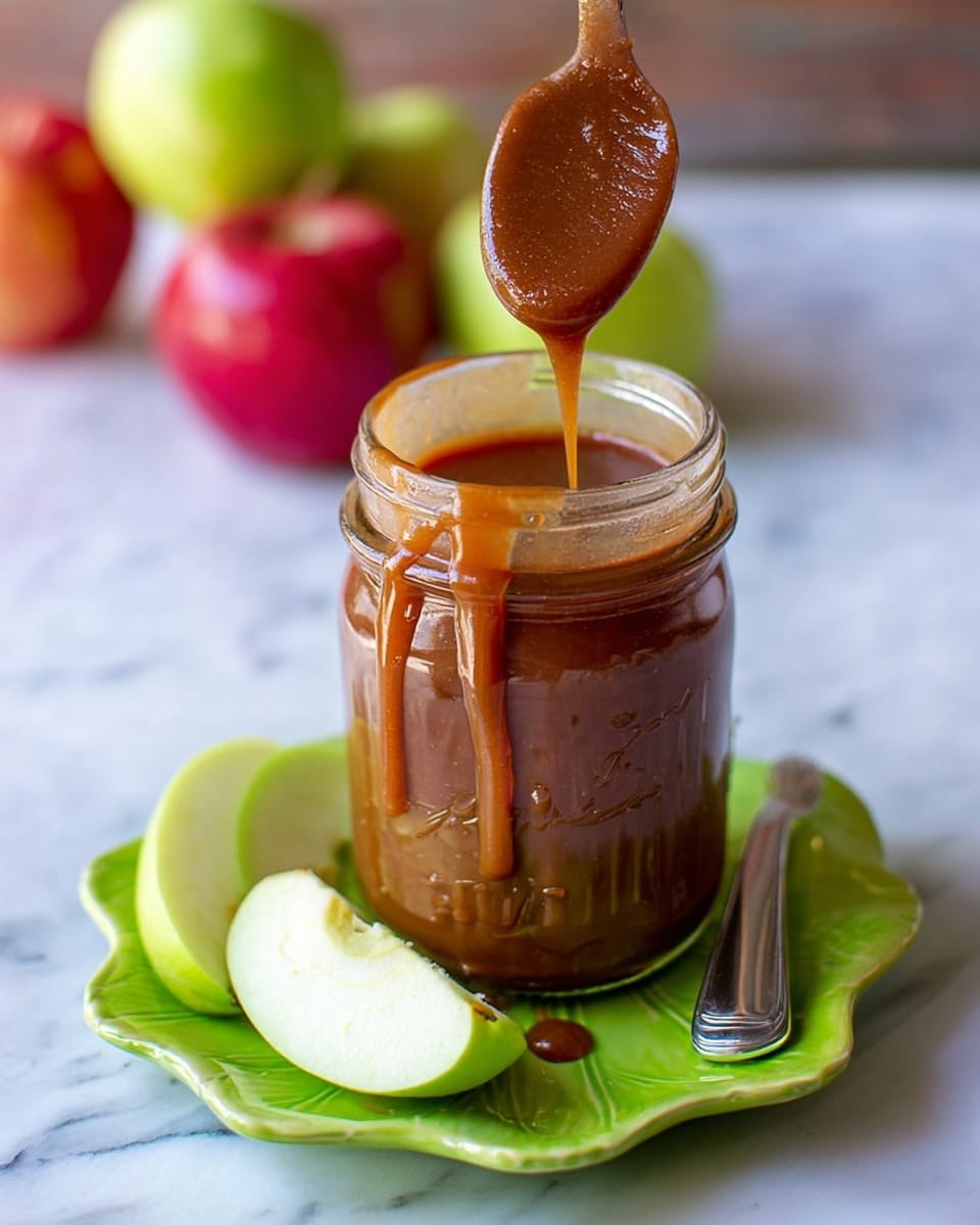A clear glass jar filled with thick brown caramel sauce sits on a white marbled surface. The jar is open with caramel sauce dripping down the outside and a spoon inside covered with the sauce, lifted above the jar showing a smooth, glossy texture. Around the jar on a bright green leaf-shaped plate are three slices of green apple, showing light green skin and pale flesh. Two whole apples, one green and one red, are blurred softly in the background. Photo taken with an iphone --ar 4:5 --v 7