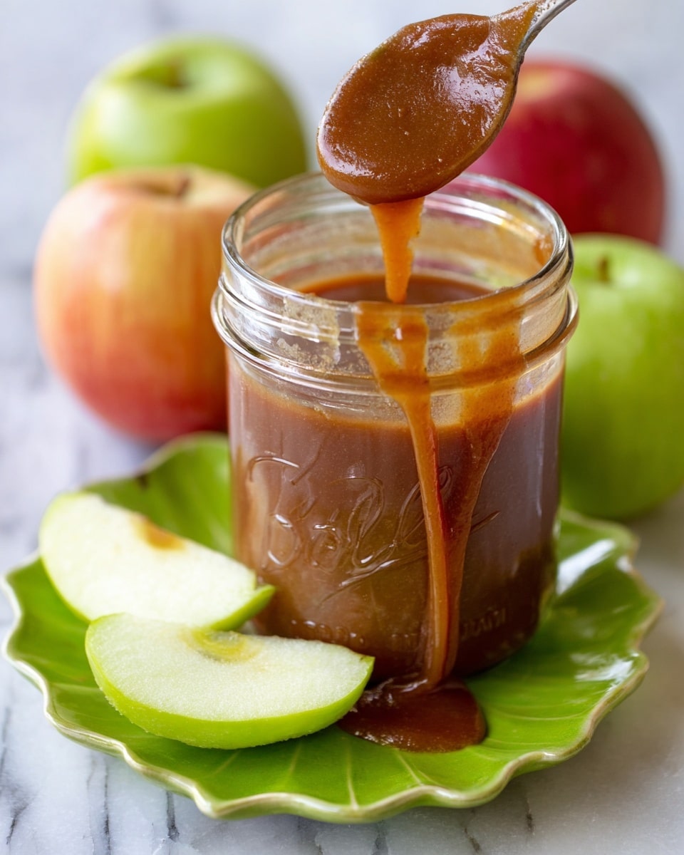 A clear glass jar filled with thick, brown caramel sauce that drips down its side in sticky streams. The jar sits on a shiny white plate shaped like a leaf. In front of the jar, there are three slices of green apple with white flesh, arranged in a loose row. In the background, there are whole green and red apples softly out of focus. The surface under the plate is a white marbled texture. Photo taken with an iphone --ar 4:5 --v 7