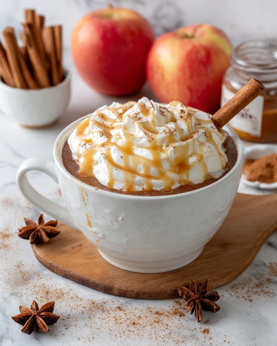 A white cup filled with a dark brown liquid base, topped with a thick, swirled layer of white whipped cream. The whipped cream is drizzled with caramel sauce and sprinkled lightly with brown cinnamon powder. A cinnamon stick is placed horizontally on the cup's rim. The cup sits on a wooden board with scattered cinnamon powder and star anise pieces nearby. In the background, there are whole red apples, a small white bowl filled with cinnamon sticks, and a glass jar of cinnamon powder, all on a white marbled surface. photo taken with an iphone --ar 4:5 --v 7