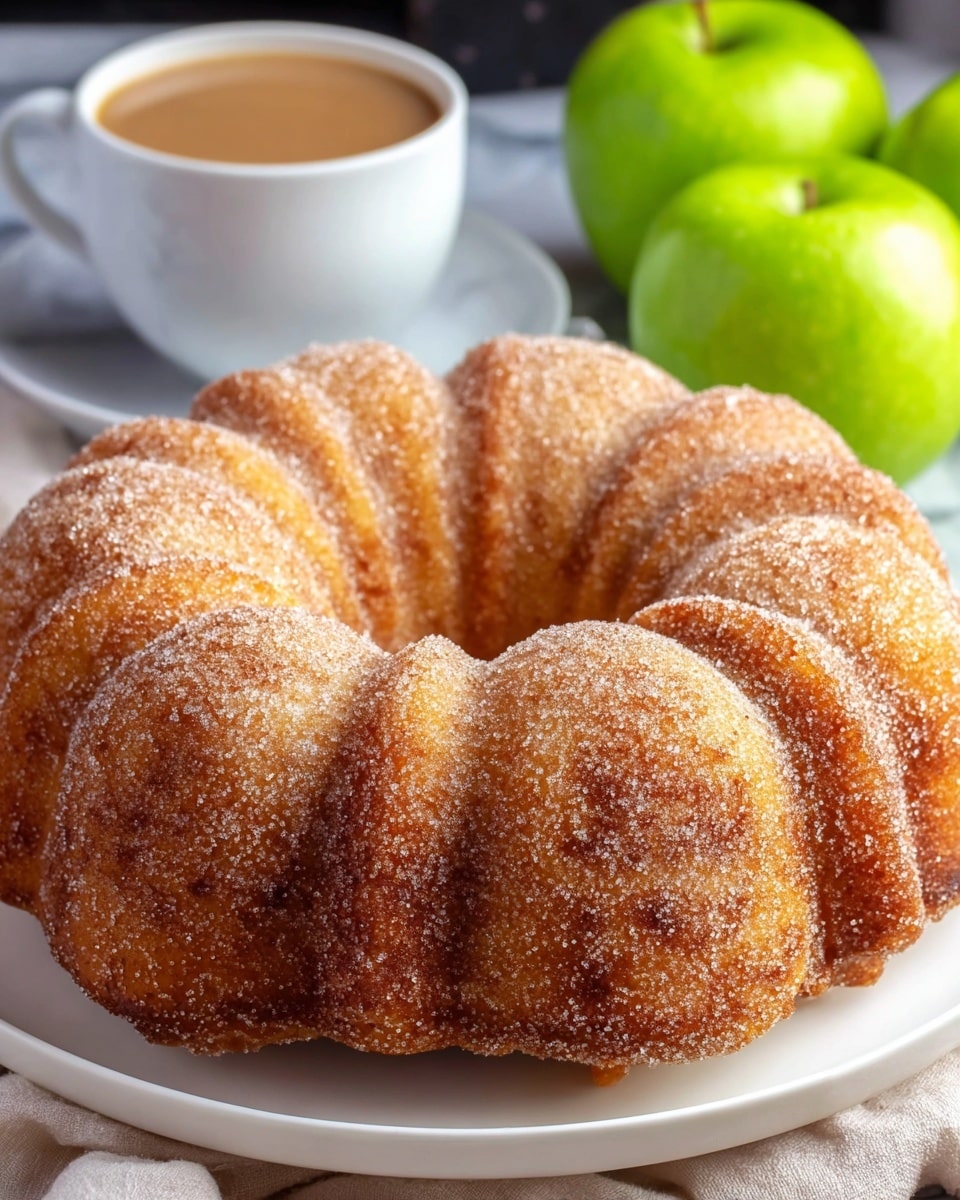 A golden brown bundt cake with a soft, slightly shiny crust, showing a light sugar coating that adds a subtle sparkle. The cake has a ring shape with eight tall, rounded ridges, sitting on a simple white plate. The surface it is on is a white marbled texture that contrasts gently with the cake’s warm color. Photo taken with an iphone --ar 4:5 --v 7