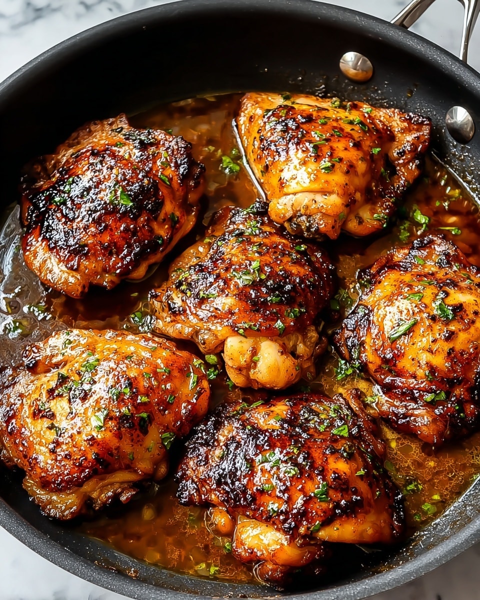 The image shows six pieces of cooked chicken thighs with a shiny, caramelized brown and reddish glaze on a black pan. The chicken pieces have a textured, slightly charred surface with small green herb pieces scattered on top. The pan has a glossy layer of sauce with small bits of seasoning around the chicken. The background is a white marbled texture. photo taken with an iphone --ar 4:5 --v 7