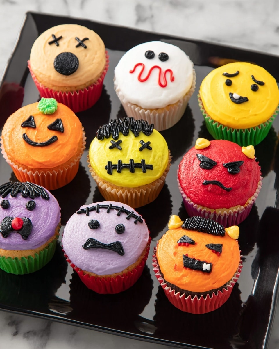 A black square plate holds eight colorful cupcakes arranged in two uneven rows on a white marbled surface. Each cupcake has one thick layer of smooth, bright frosting in colors like orange, purple, yellow, red, white, and brown, decorated with simple black and red icing to create different cartoon faces: smiling, winking, angry, scared, and spooky expressions. The green and purple cupcake liners add extra color contrast. The frosting textures are rich and creamy with some decorations standing out in small three-dimensional shapes like horns, hair, or fangs, all designed in a playful, fun style. Photo taken with an iphone --ar 4:5 --v 7