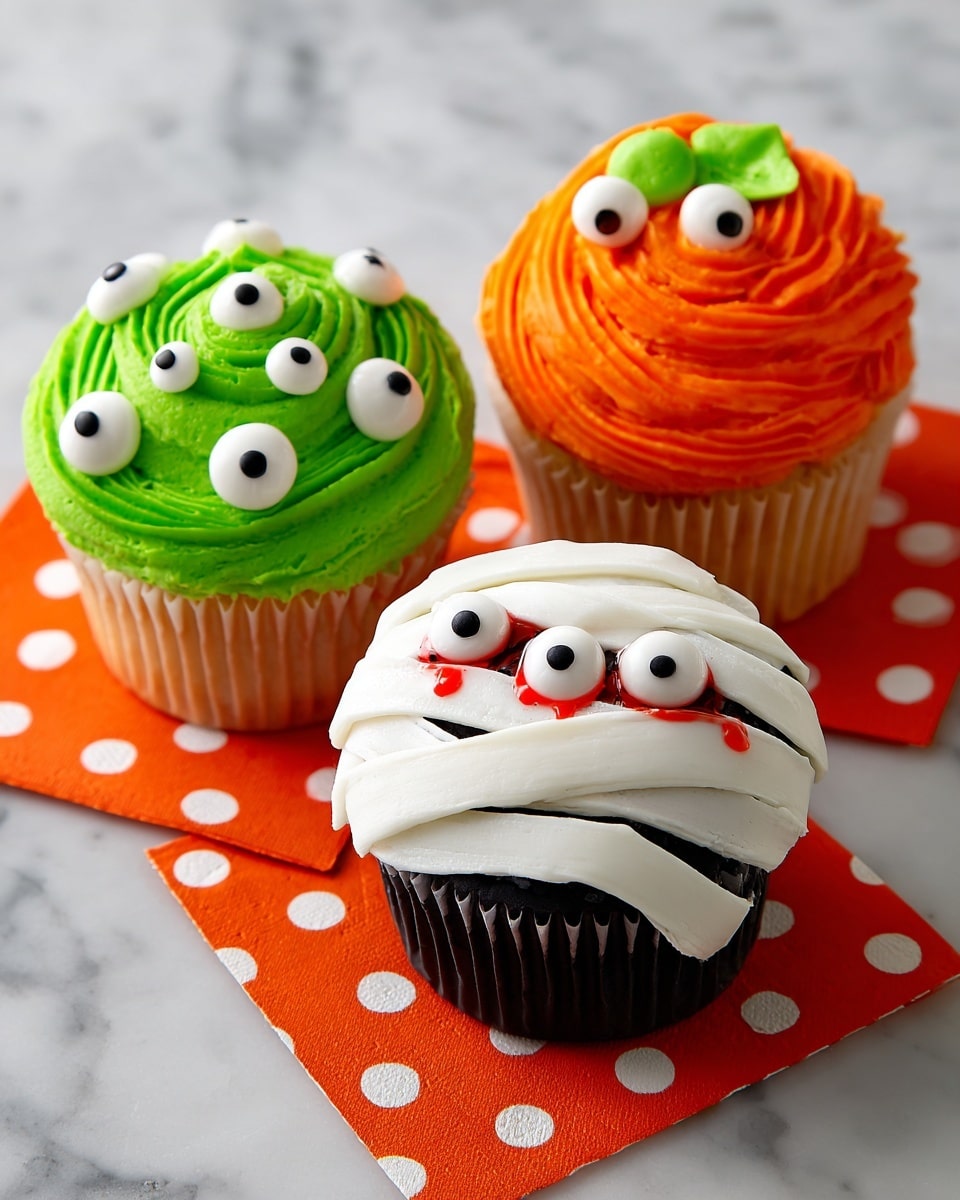 Three cupcakes sit on a white marbled surface with orange napkins with big white dots underneath. The first cupcake is frosted with smooth, green swirls topped with many small white candy eyes with black centers all around. The second cupcake has smooth, bright orange swirled frosting shaped like petals with two white candy eyes near the top and a small green leaf of frosting on the side. The third cupcake is decorated to look like a mummy, with white frosting strips wrapped around, leaving a black space in the middle showing two white candy eyes. There are small red drops of icing on the white strips, resembling blood. photo taken with an iphone --ar 4:5 --v 7