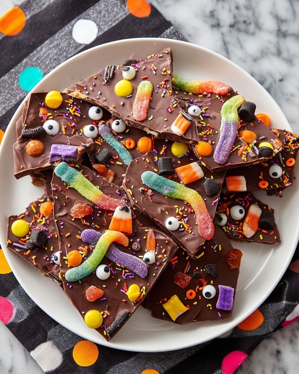 The image shows a white plate filled with broken pieces of dark chocolate bark topped with colorful candy decorations. Each piece of bark is thin and dark brown with a smooth texture and is covered with an assortment of colorful candy pieces like round candy coated chocolates, gummy worms in blue, yellow, red, and green, and candy eyes with white and black circles. There are also orange, purple, and black sprinkles scattered on top, adding more color and texture. Some pieces have extra chunks of milk chocolate embedded in the bark, adding a lighter brown contrast. The plate sits on a white marbled surface with a striped black and white background and Halloween-themed napkins in black and orange and one with multicolored dots. The scene looks festive and playful. Photo taken with an iphone --ar 4:5 --v 7
