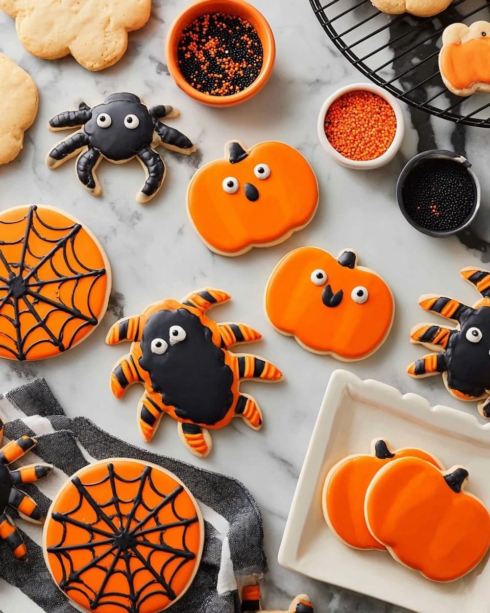 This image shows a group of Halloween-themed sugar cookies on a white marbled surface with black and white striped paper underneath and orange spider web napkins scattered around. There are orange pumpkin-shaped cookies with smooth orange icing topped with simple black eyes, nose, and smiling mouth. Black spider-shaped cookies have orange and black striped legs attached, with some spiders decorated with multiple small white eyes. Other cookies are shaped like spider webs with two layers: a base layer of black or orange icing, topped with detailed spider web designs in contrasting colors of orange or black. Some round cookies have a black base with small orange and white spots. The overall look is bright with clean icing lines and a festive Halloween theme. Photo taken with an iphone --ar 4:5 --v 7