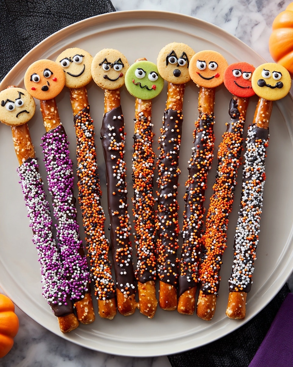 The image shows a festive Halloween table set on a white marbled surface with a gray polka-dot tablecloth. In the center, there is a white plate set on a black spider web placemat holding eight pumpkin-shaped sugar cookies, each frosted with bright orange icing and decorated with different facial expressions in black and red, with little green stems. To the right, a black plate holds pretzel sticks dipped in chocolate with orange, white, and purple sprinkles, topped with Halloween-themed candy faces in colors like purple, orange, and green. A woman's hand wearing a black glove with white stripes is reaching for a pretzel. Around the table are other plates: white plate with yellow rice treats decorated with black and white faces, a pale green plate with brownies decorated with Halloween faces, and a purple plate with a red frosted cupcake with sunglasses and a small brownie. There are bowls of round orange, yellow, black, and purple candies and orange drinks with black straws placed on napkins with Halloween prints, while small black spider web mats and pumpkin decorations add to the spooky theme. photo taken with an iphone --ar 4:5 --v 7