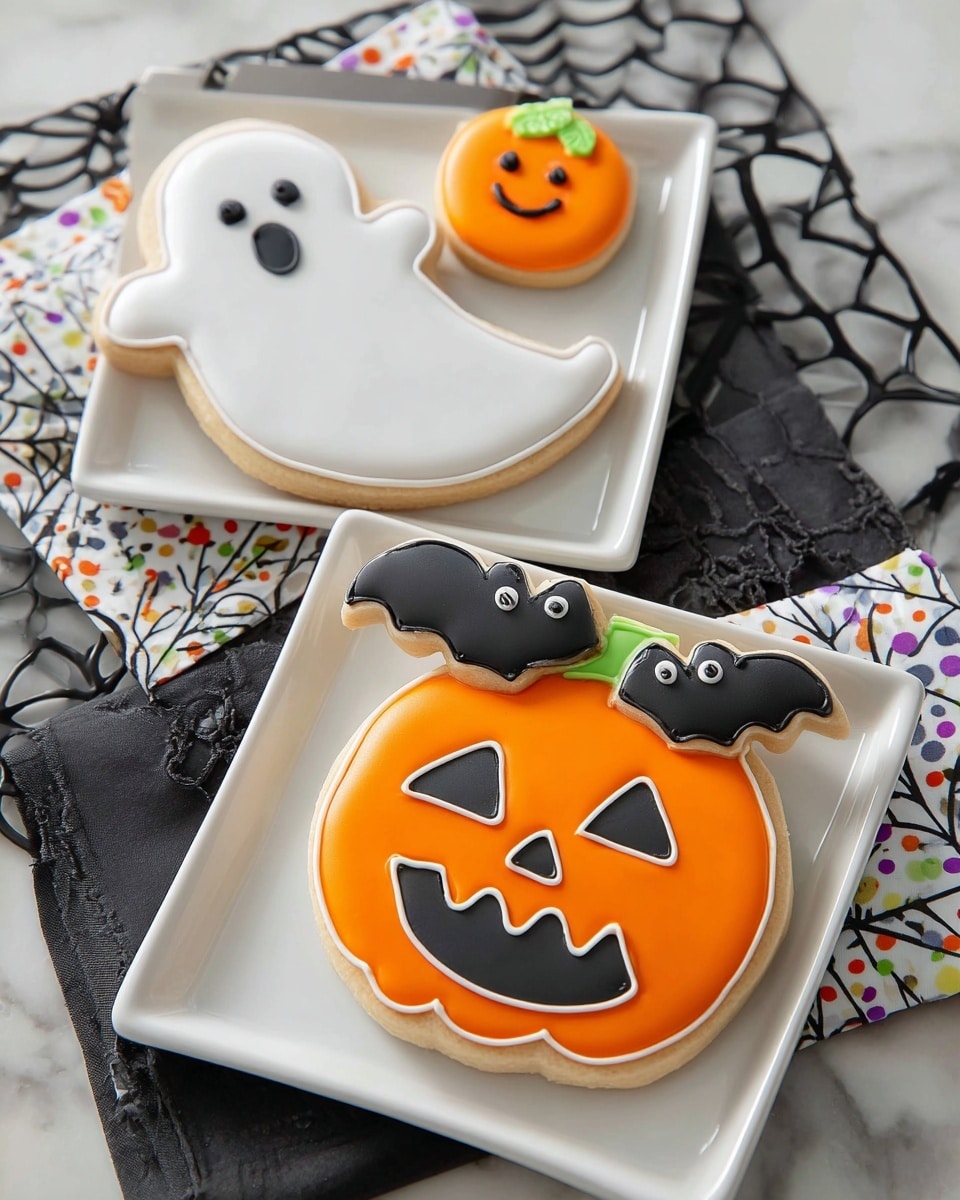 A large ghost-shaped cookie lies flat on a white square plate, covered in smooth white icing that covers the entire body shape of the ghost. The ghost has three small black icing details for eyes and mouth near the top center, giving it a surprised expression. On the ghost’s right arm, a small pumpkin-shaped cookie rests with bright orange icing for the pumpkin and black icing for the eyes and smiling mouth, topped with a small green icing stem. The background features a white marbled surface with a black lace mat and a colorful polka dot napkin partially visible underneath the plate photo taken with an iphone --ar 4:5 --v 7