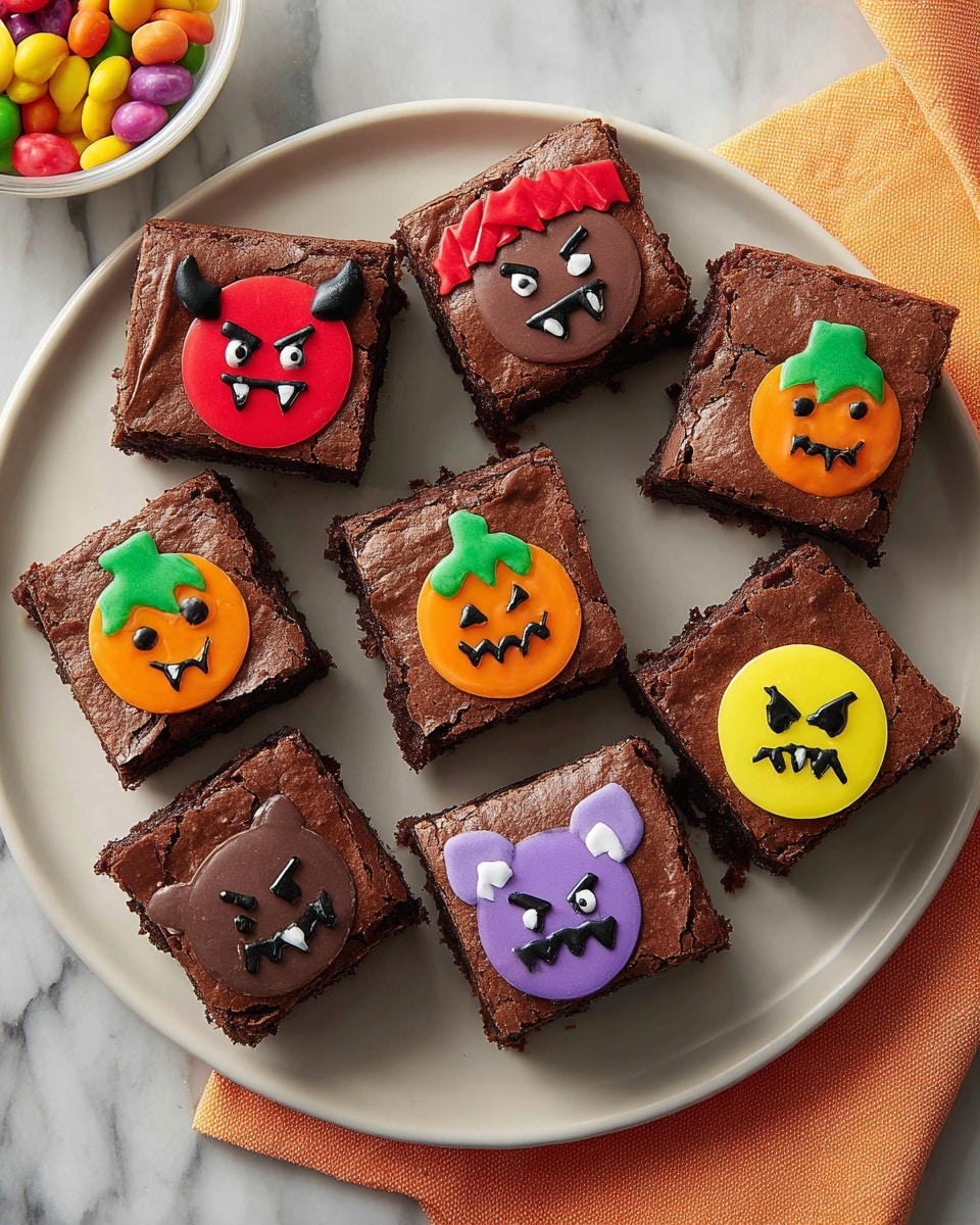 Nine square chocolate brownies are arranged on a white plate, each topped with a colorful round emoji face made of icing. The brownies have a cracked, slightly shiny dark brown surface and look dense and moist. The emoji faces come in colors like red, yellow, orange, and purple, each with different expressions made from black, red, and green icing—some have horns, others have hearts for eyes or smiley faces. The plate sits on a white marbled surface with small round objects in a white bowl visible at the top right corner. Photo taken with an iphone --ar 4:5 --v 7