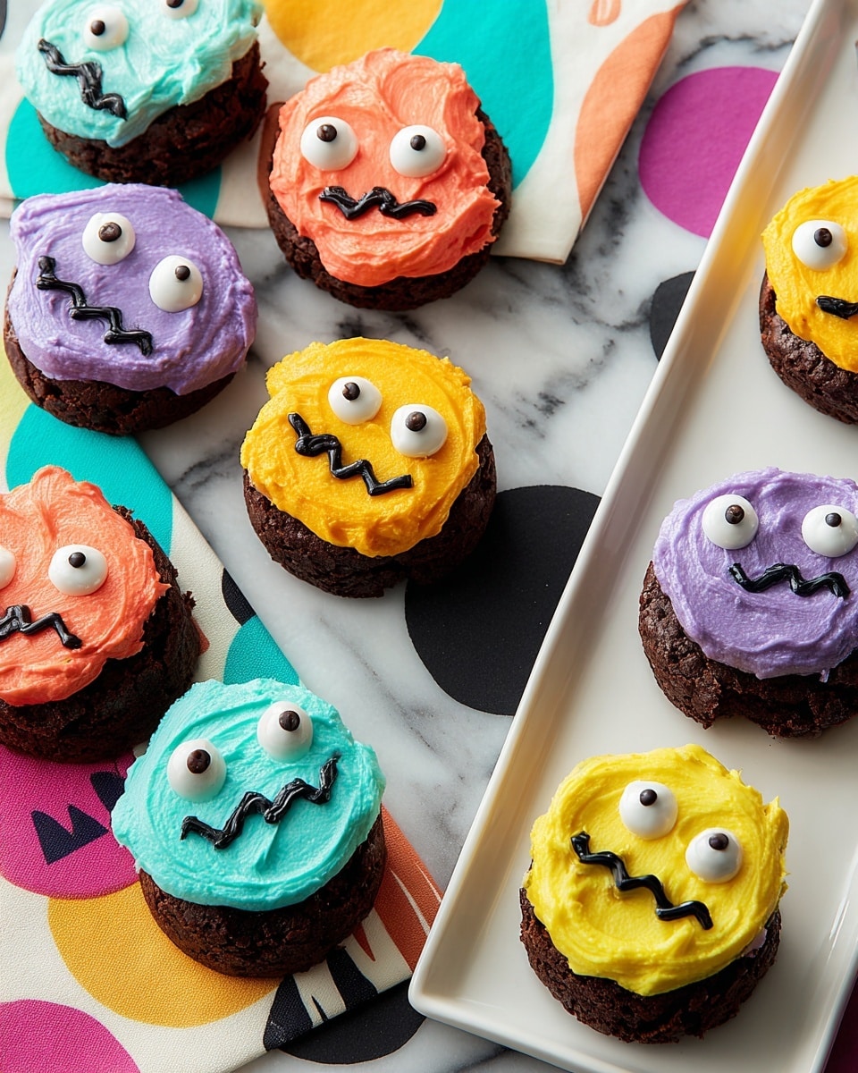 The image shows several small round chocolate brownies topped with colorful frosting in purple, yellow, orange, and turquoise. Each brownie has one to three candy eyes placed on the frosting, with black icing used to create small smiling or wavy mouths, making them look like cute monsters. The brownies are arranged on a white plate, a white rectangular tray, and patterned napkins with white marbled texture underneath, with the frosting appearing thick and textured. Photo taken with an iphone --ar 4:5 --v 7