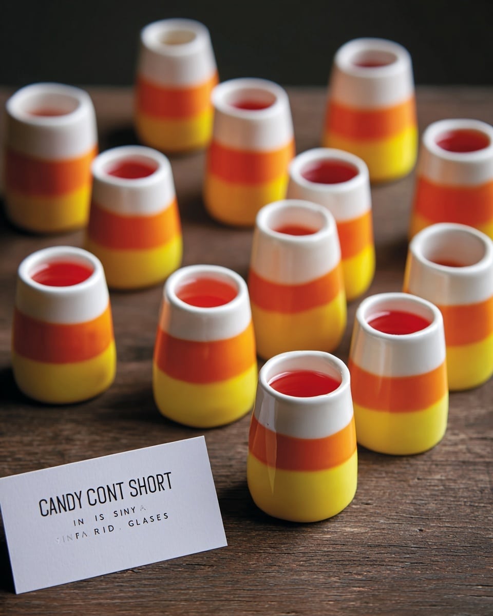There are ten small candy glasses filled with red liquid, each candy glass has three layers: a thick bright yellow layer at the bottom, a bright orange layer in the middle, and a white layer on top. All candy glasses are placed on a dark wooden surface with a white marbled texture background. A small card with black checkered edges sits to the right, labeled