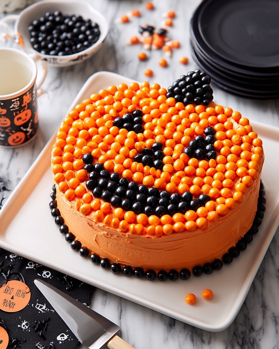 A round cake with smooth orange frosting shaped like a pumpkin sits on a white square plate on a white marbled surface. The top of the cake is decorated with two large black triangle eyes, a small black triangle nose, and a wide black smile made from black round candies. The rest of the top is covered with closely placed bright orange round candies, giving texture. A small patch of black round candies serves as the pumpkin stem at the top edge of the cake. Nearby, there is a woman's hand holding a black cake server with a shiny surface. The scene includes festive Halloween-themed cups with black and orange patterns and a small white bowl filled with glossy black round candies. photo taken with an iphone --ar 4:5 --v 7