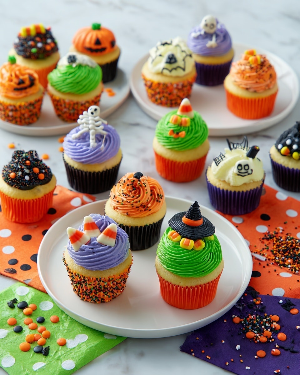 This image shows a collection of 19 Halloween-themed cupcakes arranged on three white plates and patterned napkins on a white marbled surface. Each cupcake has a base of yellow cake topped with one or two layers of colorful frosting in green, orange, purple, or black colors. The frosting is swirled or piped with smooth or textured finishes and decorated with small candy sprinkles. Some cupcakes feature Halloween candy toppers shaped like pumpkins, ghosts, skeletons, witches’ hats, and black cats, adding a festive touch. The cupcakes are placed in colorful paper liners in red, green, purple, and black, arranged casually across the serving plates and napkins. Photo taken with an iphone --ar 4:5 --v 7