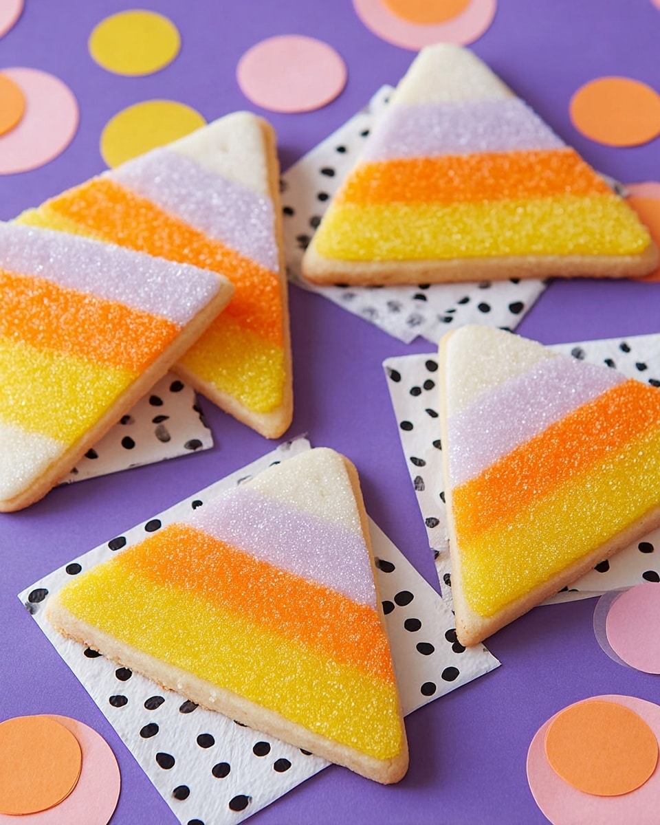 The image shows several triangular cookies shaped and decorated like candy corn. Each cookie has three layers of colored sugar on top: a white base layer at the bottom tip, a bright orange middle layer, and a yellow top layer. The cookies rest on white paper napkins, some plain and some with black polka dots, all placed on a white marbled surface with scattered round paper confetti in light yellow, orange, and peach colors. The cookies have a smooth, slightly crumbly texture with sharp triangular edges. photo taken with an iphone --ar 4:5 --v 7