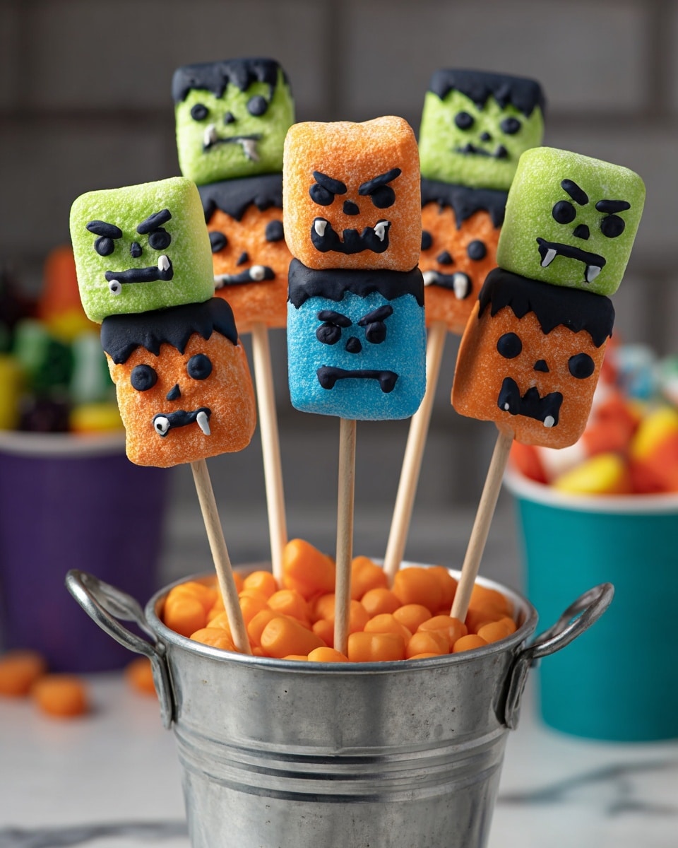 There are five skewers standing in a small silver bucket filled with shiny round orange candies. Each skewer has three square marshmallows stacked in layers: the top marshmallow is light green with black dripping icing on top and a simple face drawn in black, the middle marshmallow is orange with a Jack-o'-lantern face drawn in black, and the bottom marshmallow is blue with an angry face and small black details that look like a collar line. The bucket sits on a white marbled surface, with some out-of-focus colorful cups and a white bowl of candy corn in the background. Photo taken with an iphone --ar 4:5 --v 7