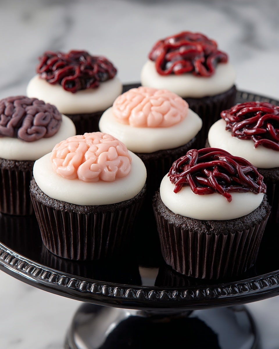 There are seven chocolate cupcakes each in a black wrapper, placed on a black cake stand with a shiny surface. Each cupcake has a thick layer of smooth white frosting topped with two different frosting designs resembling brains and veins. The brain-like decorations are light pink with a wrinkled texture, placed in the center on some cupcakes. The vein-like decorations are dark red with a shiny and twisted look, also placed on top of the white frosting on other cupcakes. The background is a white marbled texture, giving a clean and bright look. Photo taken with an iphone --ar 4:5 --v 7