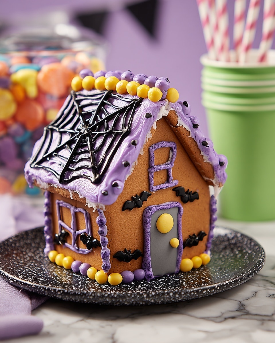 A small gingerbread house sits on a white plate with a black base layer that looks like sugar or small candy bits. The house has four brown cookie walls decorated with light gray icing outlining two windows and a door on the front, along with small black bat-shaped candies attached to the walls. The front wall also has purple candy balls placed along the edges and as part of a spiderweb made of black icing spreading from the center to the corners. The roof is covered with thick purple icing and decorated with black icing spiders' webs and scattered purple candy balls, with a yellow icing ridge topped with more purple candy balls running along the peak. The whole scene has a blurred purple and green background. photo taken with an iphone --ar 4:5 --v 7