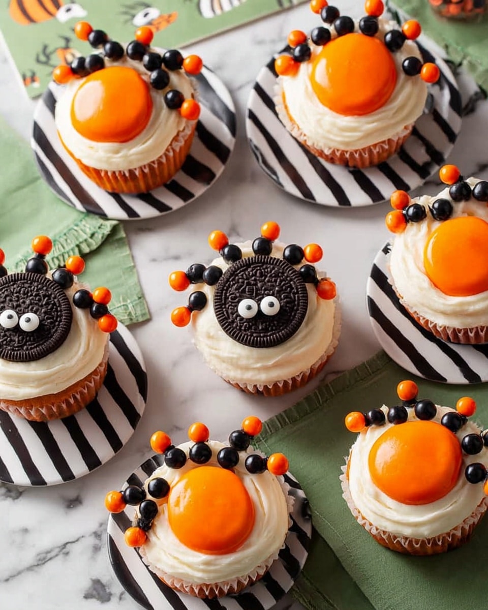 The image shows five cupcakes on white plates with black stripes, placed on a white marbled surface with Halloween-themed paper napkins underneath. Each cupcake has a dark brown base, topped with a smooth layer of white frosting spread flat. On top, there is a bright orange, round dollop of frosting centered as the spider's body. An Oreo cookie, halved, forms the spider’s head placed at the front of the orange body with two large white candy eyes on the cookie. Black and orange candy beads create eight legs, four on each side of the spider's body, arranged in segments coming out from beneath the orange frosting. The whole scene has colorful, playful Halloween vibes. Photo taken with an iphone --ar 4:5 --v 7