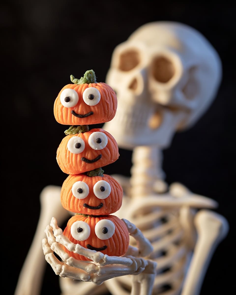 A tall stack of five small pumpkin-shaped treats arranged vertically, each bright orange with a ribbed texture and decorated with two large round white eyes and a small black smiling mouth, with the top pumpkin having a tiny green stem. The stack is balanced on the bony fingers of a white skeleton hand, set against a dark blurred background, creating a fun and spooky Halloween vibe. Photo taken with an iphone --ar 4:5 --v 7