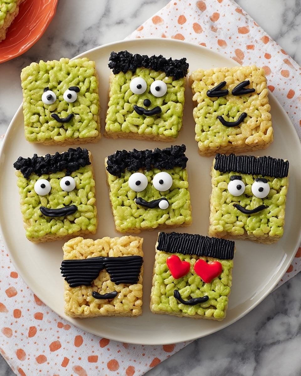 The image shows nine rectangular rice crispy treats on a shiny white plate, each decorated to look like a face with black icing hair and various facial expressions. The background is a white marbled texture with a polka dot cloth under the plate. The yellowish-green rice treats form the base, while the black icing creates thick hair on top and different eyes, mouths, and eyebrows on each treat, including some with white or red details for eyes or cheeks. The faces show emotions like happy, sad, surprised, cool with sunglasses, and love with heart-shaped eyes. Photo taken with an iphone --ar 4:5 --v 7