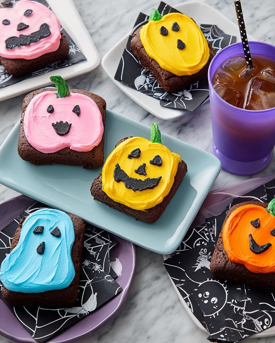 The image shows five Halloween-themed brownies on colorful square plates placed on a white marbled surface. Each brownie has a thick brown base layer and a smooth colored frosting layer shaped and decorated as a Halloween figure: a blue pumpkin with black eyes and mouth on a white plate, a pink ghost with black eyes and smiling mouth on a white plate, a yellow ghost with black eyes and smiling mouth on a white plate, an orange pumpkin with black triangular eyes and jagged mouth on a white plate, and a pink pumpkin with black eyes and mouth on a white plate. In the background, there are black and white ghost-themed and spider web-themed napkins along with two purple cups filled with iced tea and a black-and-white striped straw. photo taken with an iphone --ar 4:5 --v 7