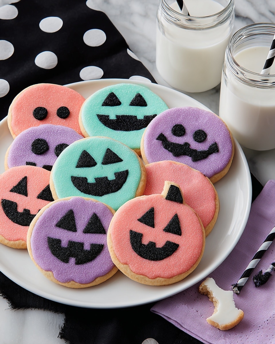 A white plate holds eight round Halloween-themed sugar cookies in three colors: bright blue, pink, and purple. Each cookie has thick black textured icing creating various spooky faces resembling jack-o'-lanterns and ghosts, with broad smiles, eyes, and noses. One pink cookie with a similar black face lies on a lavender square cloth to the right, showing a small bite taken out of it. The plate and cloth sit on a black cloth with large white dots, and two clear glasses filled with milk, one with a black-and-white striped straw, stand nearby on the same patterned cloth. The surface underneath everything is a white marbled texture. photo taken with an iphone --ar 4:5 --v 7