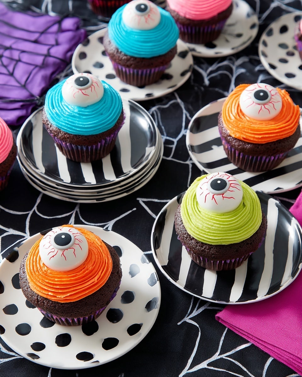 The image shows several dark chocolate cupcakes each topped with a thick, smooth frosting layer in bright colors: blue, orange, pink, and teal. On top of each frosting layer, there is a white candy shaped like an eyeball with a black pupil made of candy and a slight red speckled detail around it. The cupcakes are placed on small white plates with black patterns including polka dots and stripes, all arranged over a black tablecloth with white spiderweb prints. The plates sit on white marbled surfaces with purple and pink napkins underneath some of them, creating a colorful and festive look. photo taken with an iphone --ar 4:5 --v 7