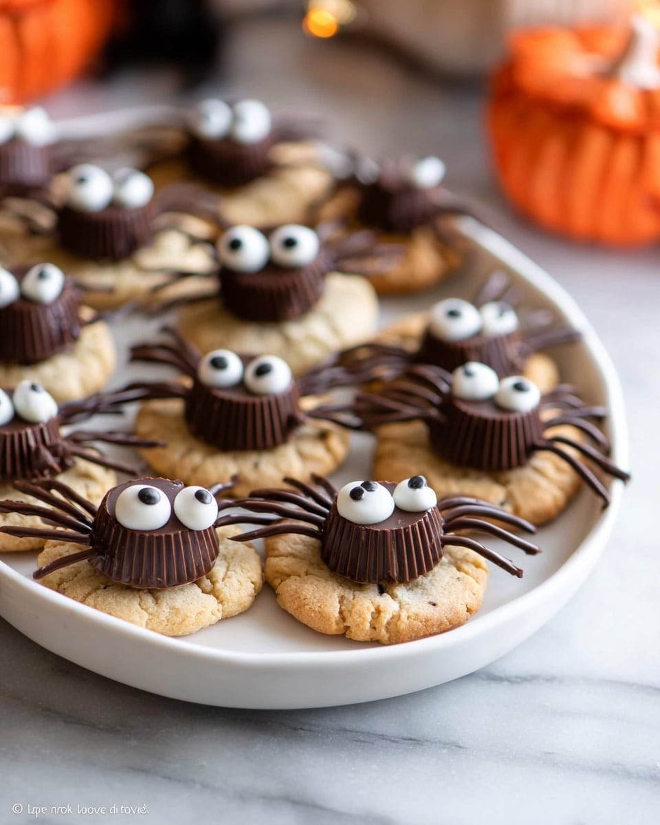 A white plate holds several small spider-shaped cookies. Each cookie has a light brown, round base layer with a rough texture. On top, a milk chocolate cup sits upside down like the spider’s body, dark brown and smooth. Eight thin, dark brown lines extending from the chocolate cup look like spider legs, drawn with melted chocolate. Two small white candy eyes with black centers stick on the front of the cup, giving each spider a cute face. In the background, there are blurred white sets of layered cookies with dark brown layers on the white marbled surface. Photo taken with an iphone --ar 4:5 --v 7