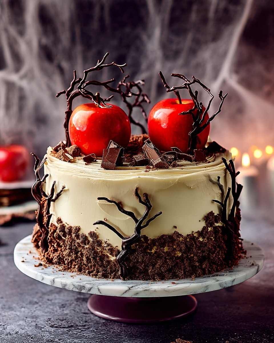 A round cake with smooth white frosting has wavy textured sides and is topped with two shiny red apples. The top and base edges of the cake are covered with crumbled brown crumbs. Dark chocolate pieces shaped like bare tree branches circle the sides of the cake and rise above the apples on top. The cake sits on a white plate on a surface with a white marbled texture. In the background, there are lit candles in silver holders, creating a soft, warm light. Photo taken with an iphone --ar 4:5 --v 7
