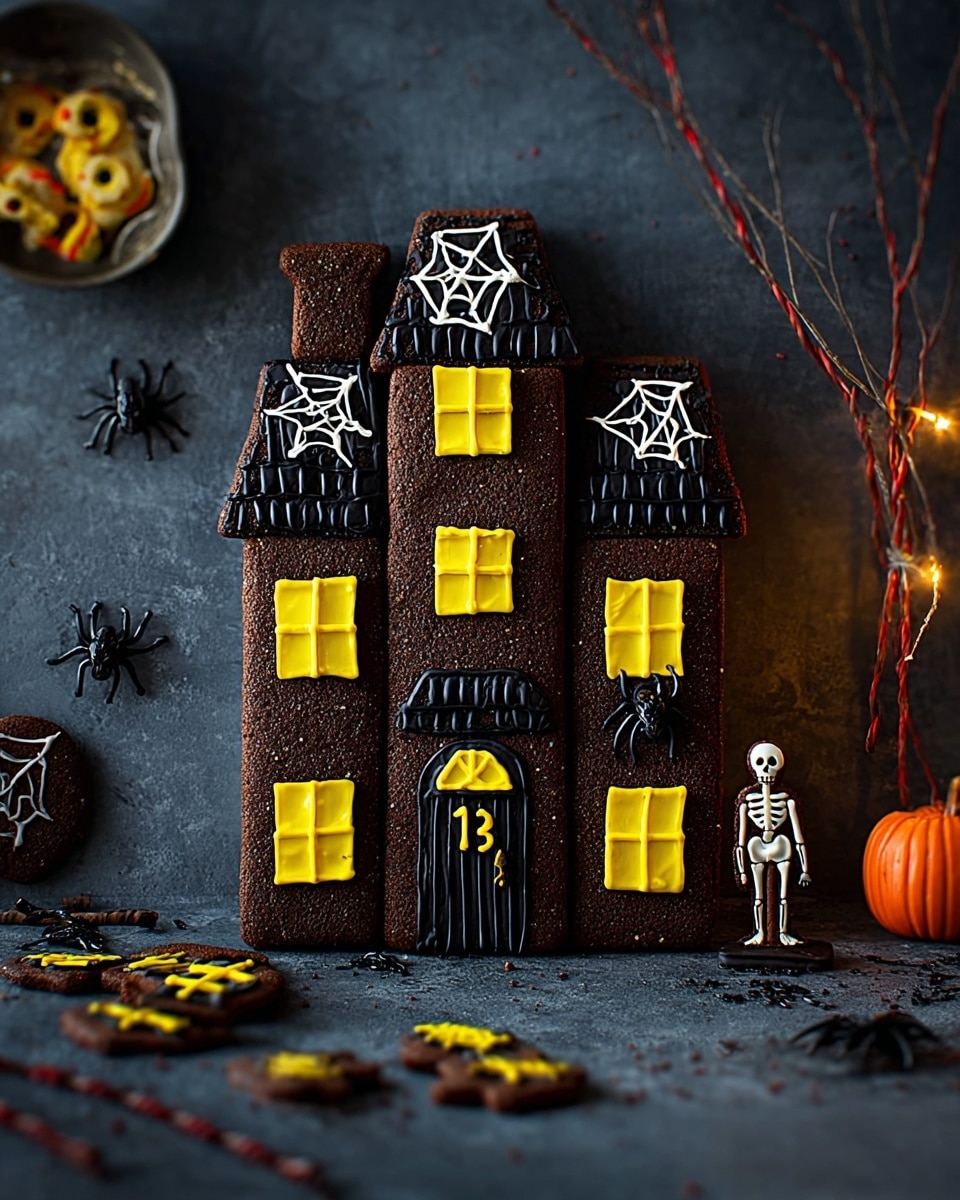 The image shows a Halloween-themed treat shaped like a spooky house with a dark top layer made of ridged chocolate wafers forming the roof and walls. The house features bright yellow window shapes and door panels decorated with black icing lines that look like window panes. A black spider made of icing sits on the bottom window, with a small yellow number