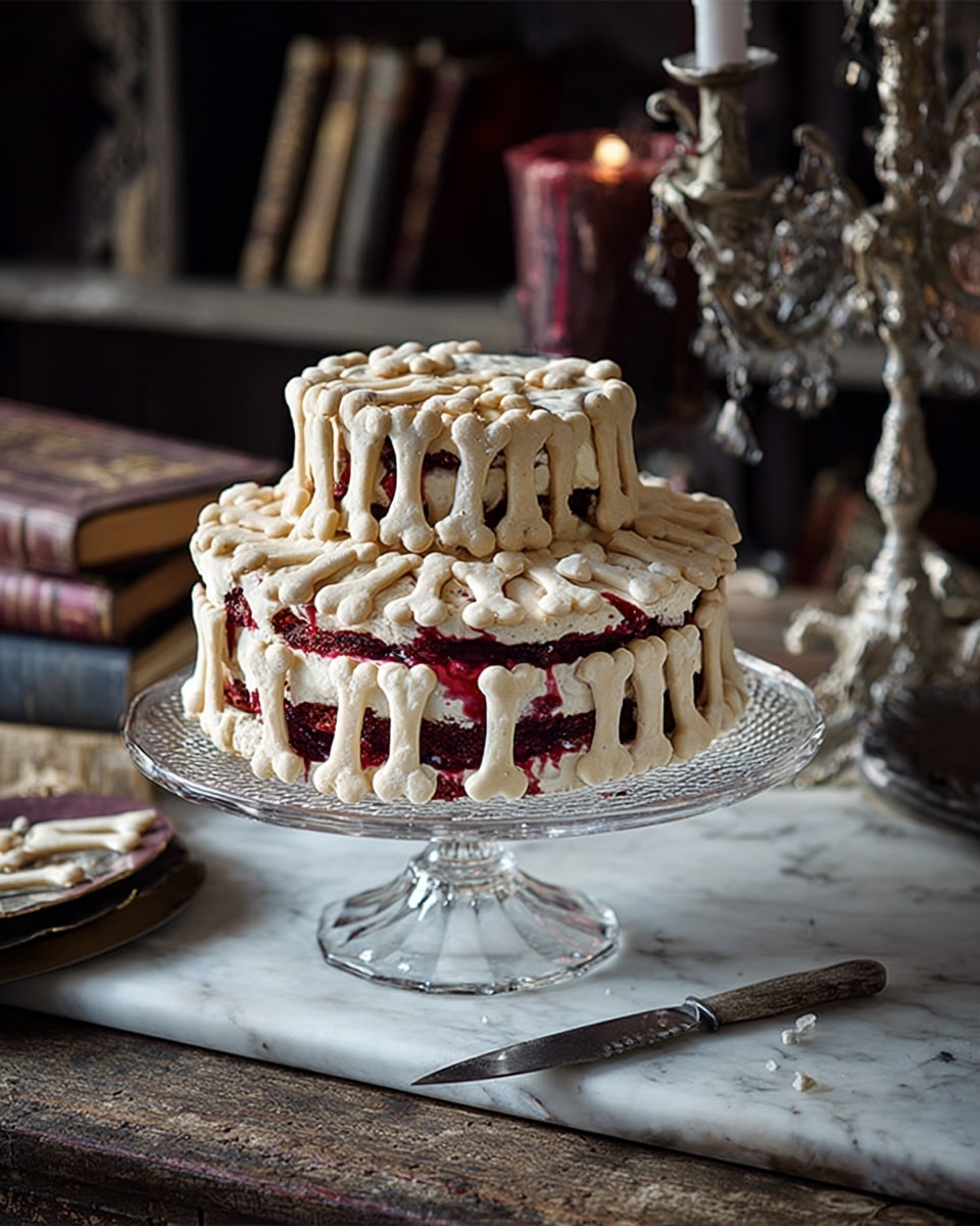 A two-layer round cake sits on a clear glass stand, with each layer decorated with bone-shaped white cookies standing upright around the edges. The bottom layer is larger, with a red crumb-like textured top visible between the cookies, while the smaller top layer has the same red topping and bone cookies arranged around it. The cake is placed on a white marbled surface with a vintage silver knife to the side, and a dark candle holder with spider web decorations is visible in the background. The scene has a spooky, rustic feel. photo taken with an iphone --ar 4:5 --v 7