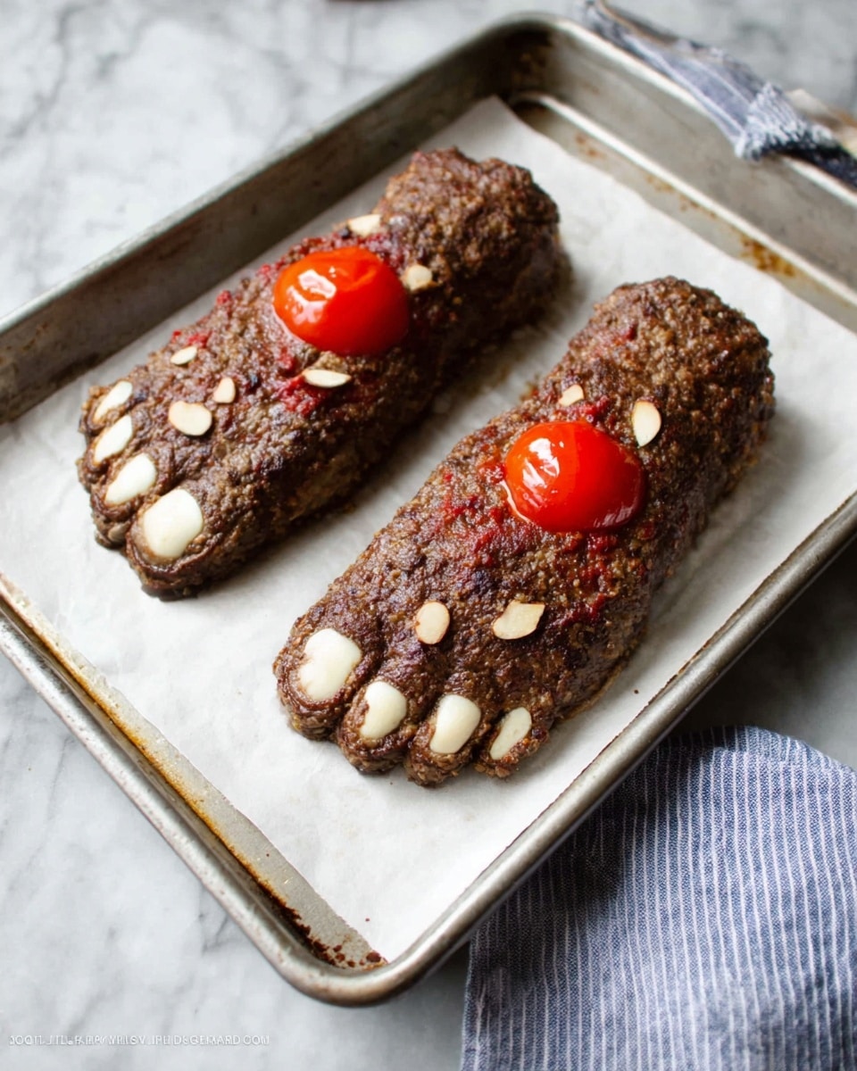 Two meatloaf shaped like feet are placed on white parchment paper on a metal baking tray. Each meatloaf is browned and textured with visible bits of cooked meat and spices. The toes are represented by pieces of sliced almonds arranged at the front edge of each loaf. On top of each loaf, near the heel area, there is a round slice of tomato with a dollop of ketchup in the center. The baking tray sits on a surface with a white marbled texture, and a white towel with blue stripes is visible in the bottom left corner. Photo taken with an iphone --ar 4:5 --v 7